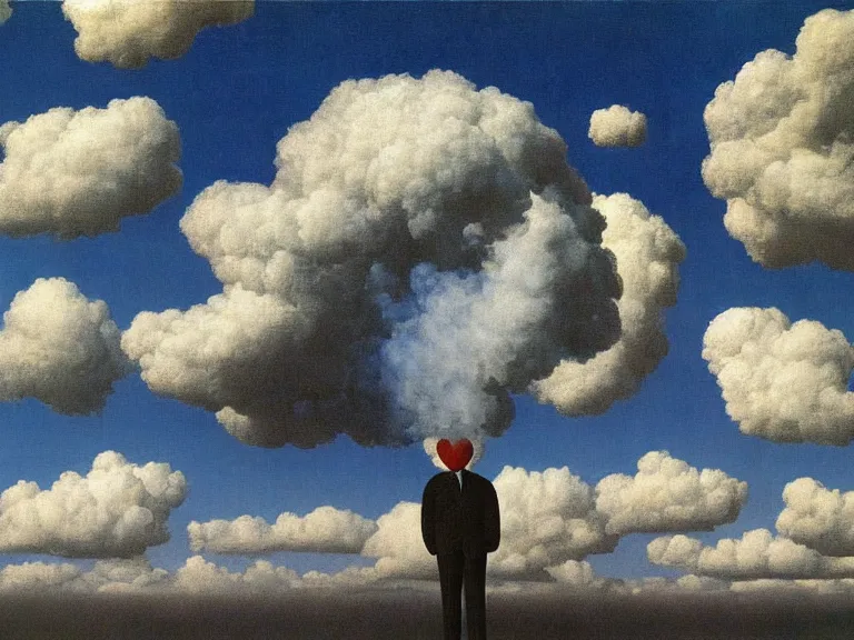 Prompt: man made out of clouds, painting by rene magritte, high detail, high resolution