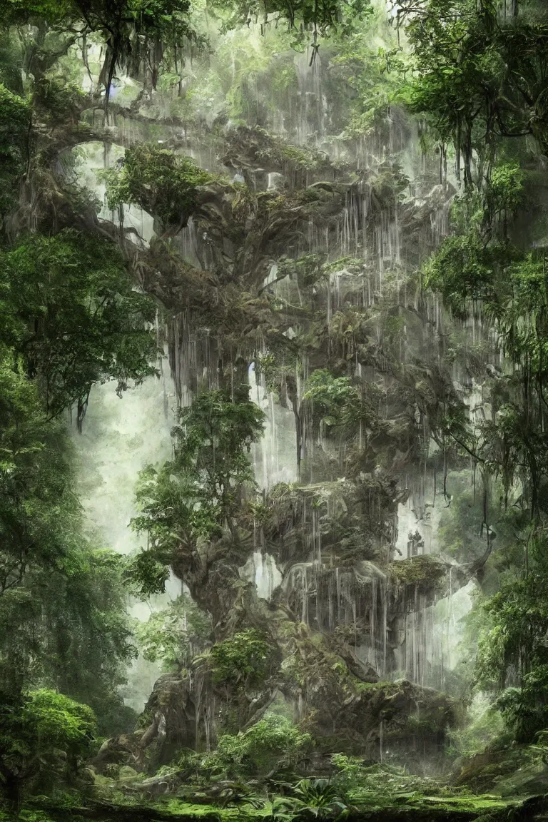 Prompt: a victorian mansion carved into a huge tree beside a waterfall in a dense jungle, concept art