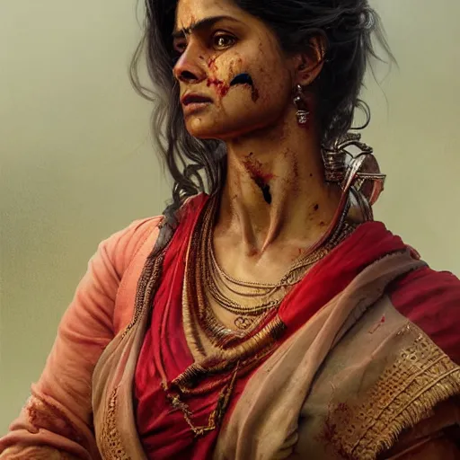 Image similar to portrait painting of a bloodied south indian female butcher, ultra realistic, concept art, intricate details, eerie, highly detailed, photorealistic, octane render, 8 k, unreal engine. art by artgerm and greg rutkowski and alphonse mucha