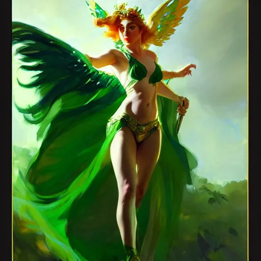 Image similar to greg manchess painting of goddess of hunt wearing shiny mythical green clothes, green and white long hair, long wings, large angelic sword, soft lighting, trending on artstation, by huang guangjian and gil elvgren and sachin teng