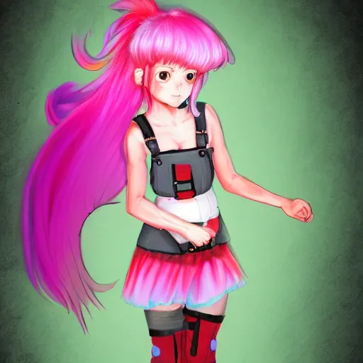 Image similar to full body pose, hd, manga anime portrait of a fairy girl in combat boots and overalls, rainbow hair, in ishikawa ken style, detailed trending award winning on flickr artstation,