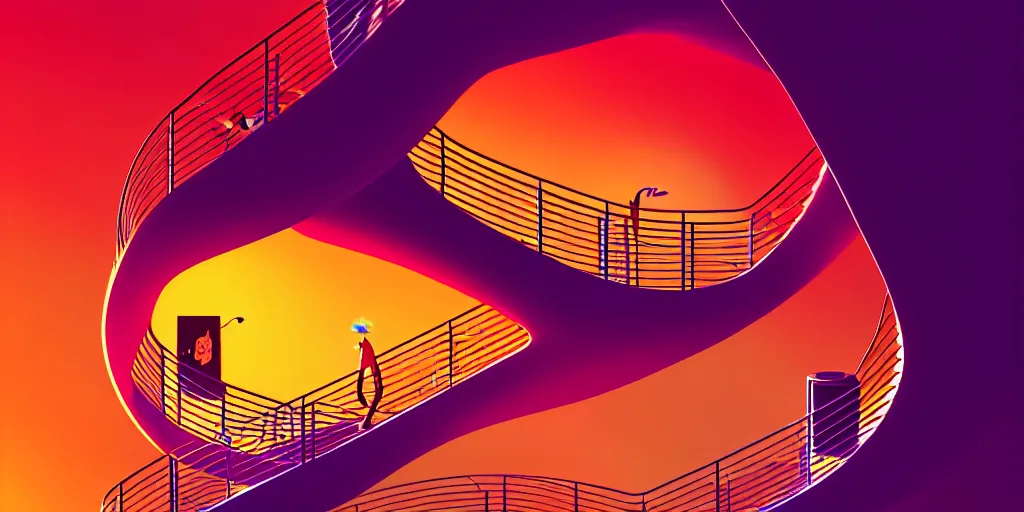 Prompt: spiral lines, minimalistic, extreme wide angle, curved perspective, digital art, subsurface scattering, indoor casino staircase, by anton fadeev, lorax movie, cotton candy smoke, artstation