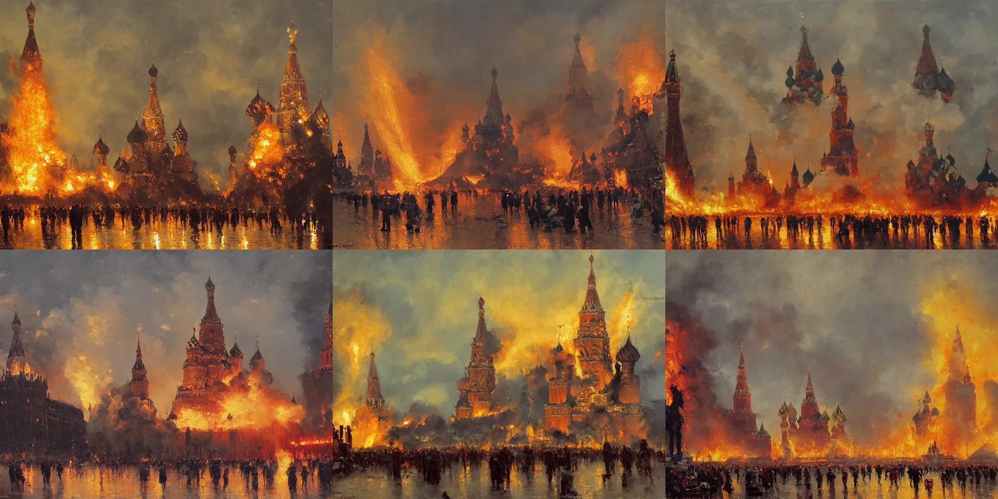 Prompt: Painting by Edouard Leon Cortes , Fire and explosions on Red Square and the Kremlin