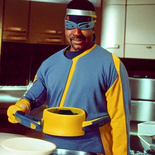 Image similar to Geordi La Forge wearing visor and a colander and random kitchen tools on his head