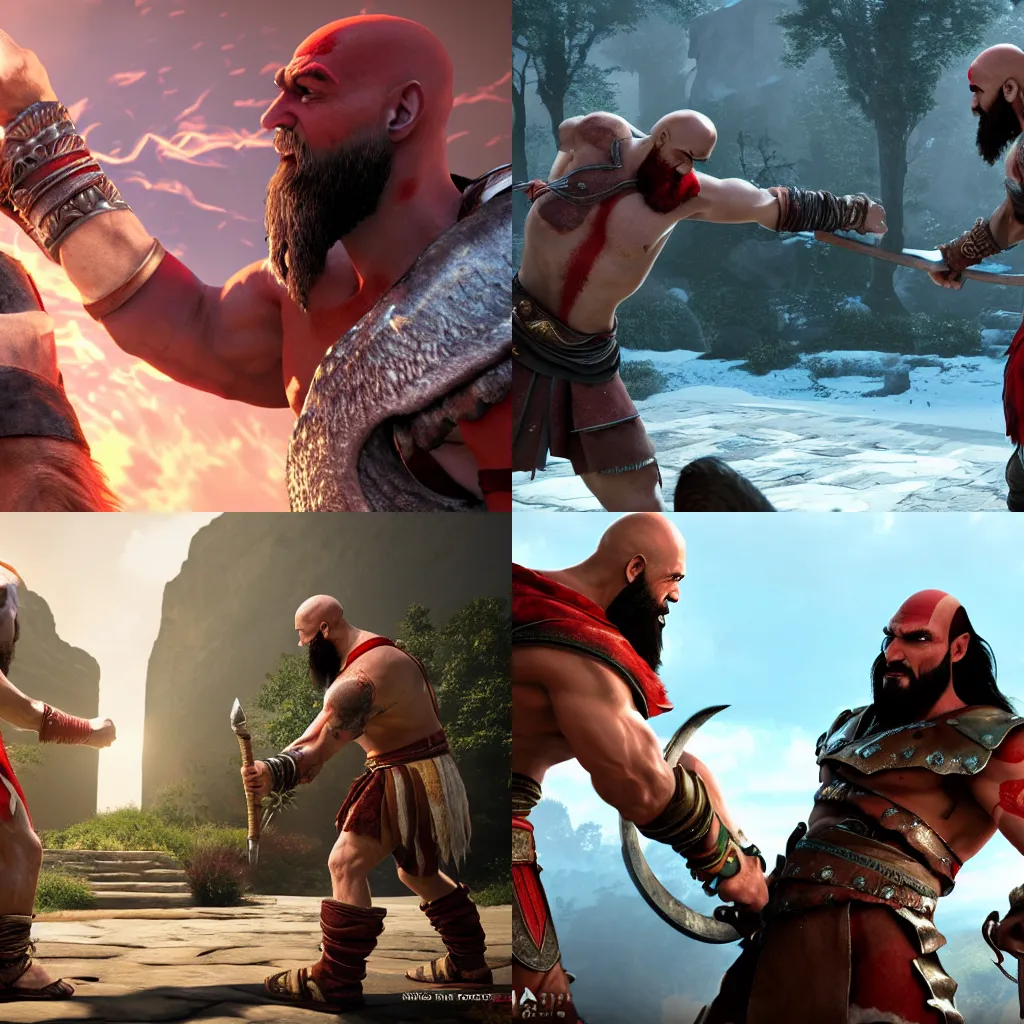 Prompt: kratos and jesus fighting, unreal engine 5, high quality, screenshot