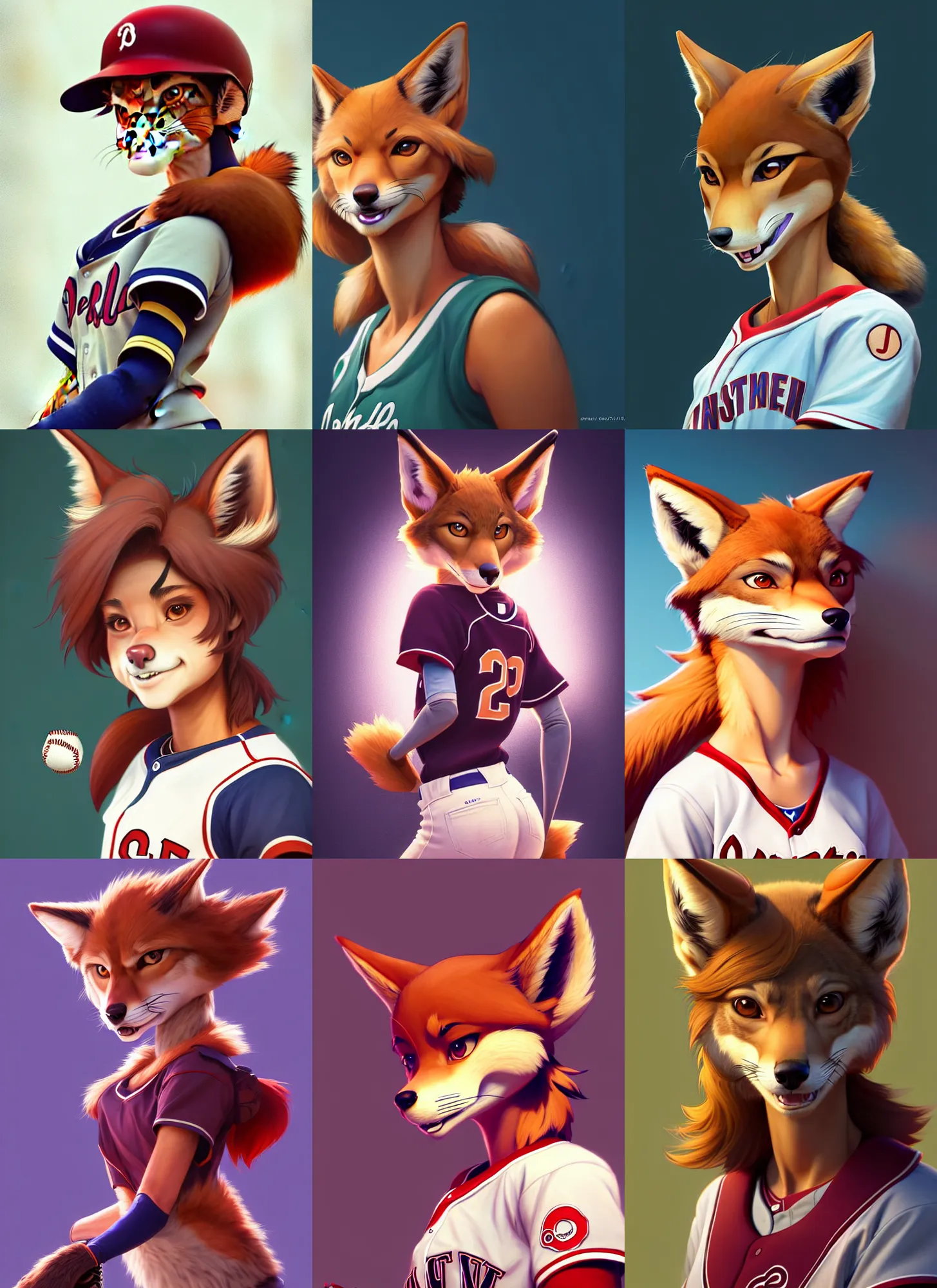 Prompt: beautiful portrait of a female anthropomorphic coyote fursona baseball player. character design by disney, charlie bowater, ross tran, artgerm, and makoto shinkai, detailed, soft lighting, rendered in octane