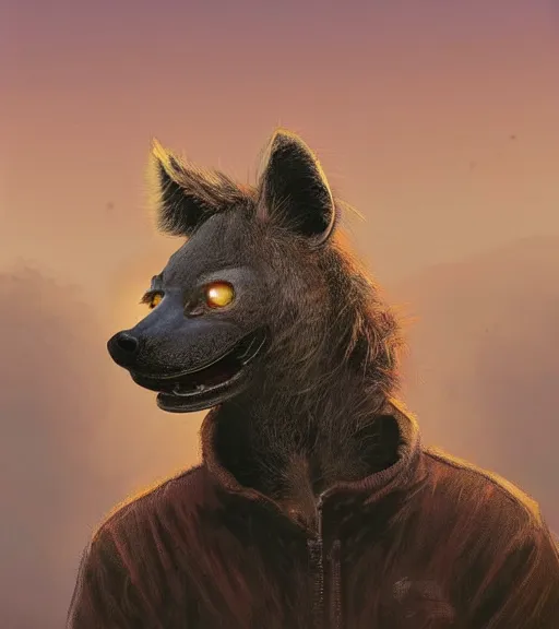 Prompt: foggy dirt road portrait of furry anthro anthropomorphic spotted hyena head animal person fursona wearing clothes horror gloomy digital art bokeh depth of field photo by Greg Rutkowski, Simon Stalenhag, christopher nolan trending on Artstation, CGSociety