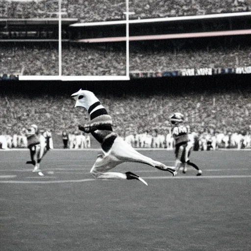 Image similar to the famous funky chicken runs across a football field, interrupting the big game, 3 5 mm