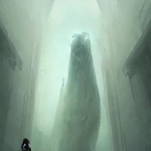 Image similar to a beautiful terrifying immense pale humanoid giant looms over a tiny human. ethereal horror fantasy art by greg rutkowski