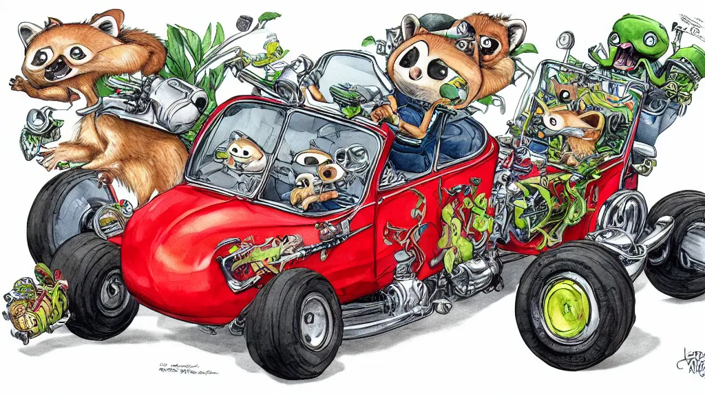 Prompt: cute and funny, racoon riding in a tiny hot rod coupe with oversized engine, ratfink style by ed roth, centered award winning watercolor pen illustration, hyperdetailed isometric illustration by chihiro iwasaki, edited by range murata