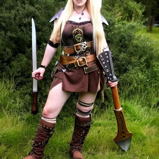Image similar to full shot photo of a real-life steampunk female viking with an axe