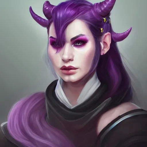 Image similar to a portrait of a tiefling with light purple skin and black hair, stunning digital painting trending on artstation