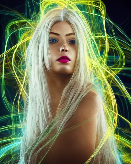 Image similar to luminescent long exposure light painting by dr. seuss of an optical illusion beauteous practical sumptuous full frame photo realistic face, lifelike incredible hair, crystalline masterpiece incrustations, hyperdetailed face, elegant pose, movie still, intricate, octane render, cinematic forest lighting,