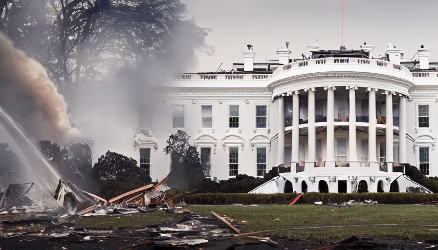 Prompt: white house in washington dc destroyed by explosion, fire and ashes, smoke columns, debris, collapsing, sunny day, emergency, hyperdetailed, artstation, cgsociety, 8 k