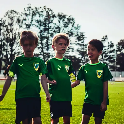 Prompt: young boys in green soccer jerseys playing soccer