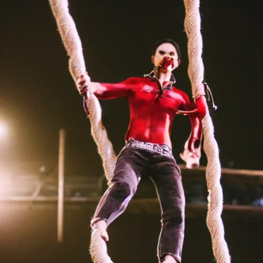 Image similar to hd photograph of a vampire walking on balance rope, stunt show