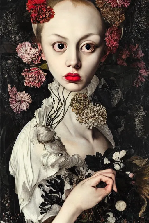Image similar to Detailed maximalist portrait a with large lips and with large eyes, exasperated expression, fleshy botanical, figurative high fashion, HD mixed media collage, highly detailed and intricate, in the style of Caravaggio and Jenny saville, dark art, baroque