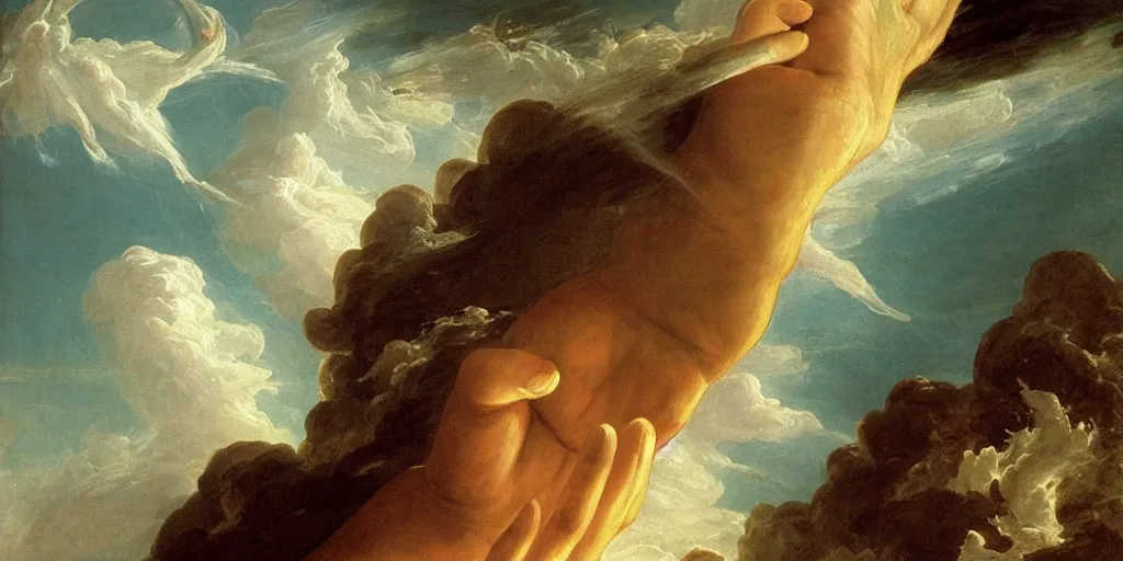 Prompt: a painting of a hand descending from the clouds demanding payment god knows what, in the style of an epic Thomas Cole painting