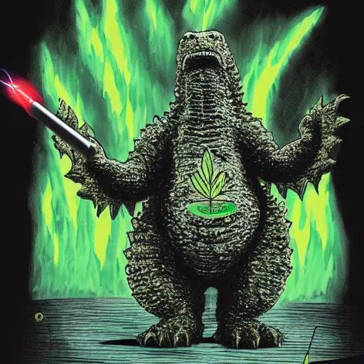 Image similar to godzilla smoking weed