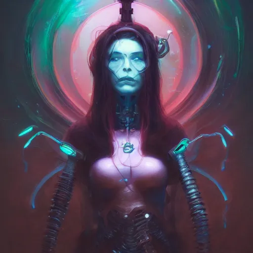 Prompt: portrait of a beautiful cybernetic witch, cyberpunk concept art by pete mohrbacher and seb mckinnon and beksinski and josan gonzales, digital art, highly detailed, intricate, sci-fi, sharp focus, Trending on Artstation HQ, deviantart, unreal engine 5, 4K UHD image