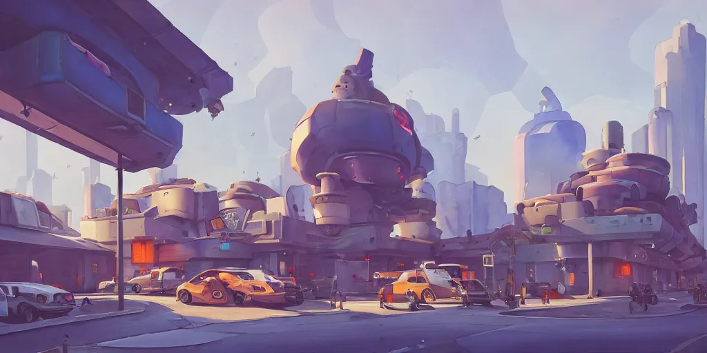 Image similar to overwatch building, stylized, exterior, architecture, in watercolor gouache detailed paintings, insanely detail, artstation, 8 k, futuristic, big medium small, arcane, simon stalenhag, food stall, interesting shapes & form, golden ratio, megastructures, vitaly bulgarov