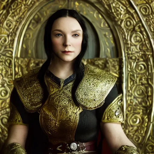 Image similar to the elder scrolls vi, charismatic regal black haired female jarl, portrait, exquisitely designed throne room, atmospheric lighting, painted, intricate, volumetric lighting, beautiful, daytime, slightly sunny weather, sharp focus, deep colours, ultra detailed, golden hour by leesha hannigan, ross tran, thierry doizon, kai carpenter, ignacio fernandez rios