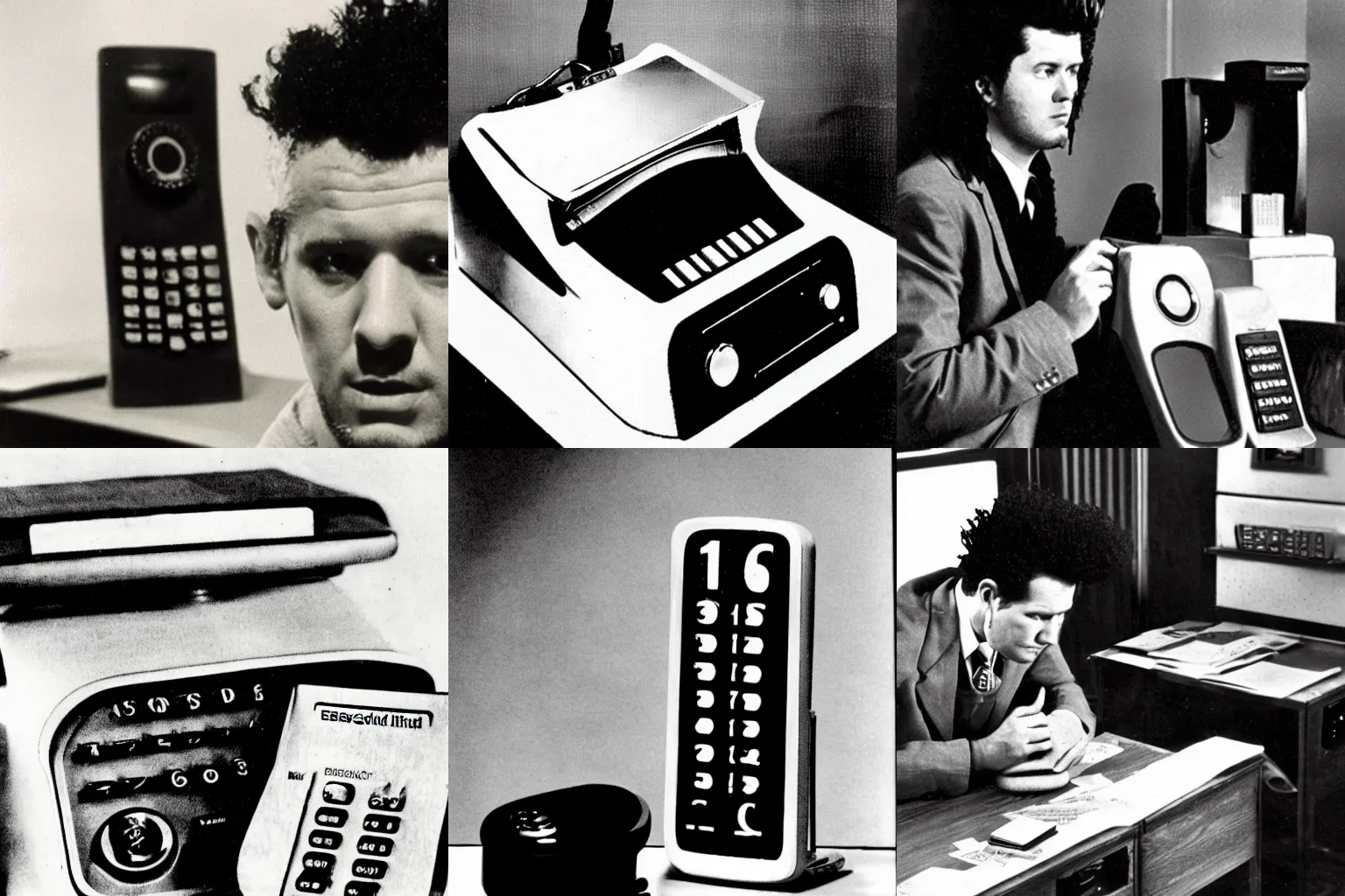 Prompt: Eraserhead answering machine and a new phone is running in the classroom