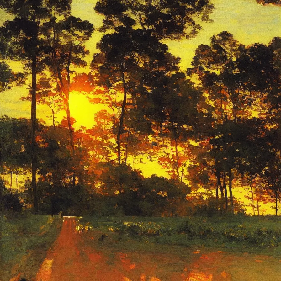 Prompt: cover artwork about a metaphorical highway that leads to the sun during a beautiful morning sunrise, painted by gaston de la touche, winslow homer, thomas moran, steve mitchell...