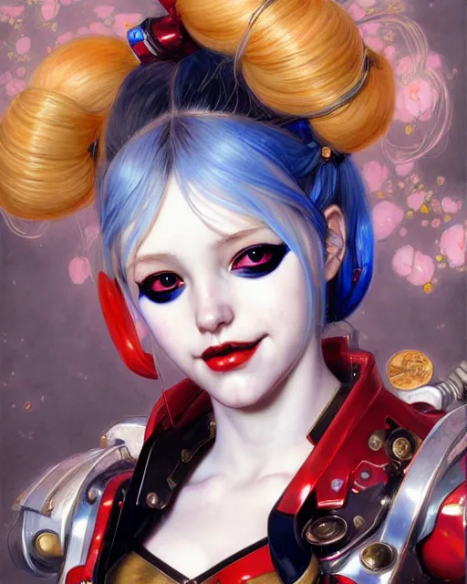 Prompt: portrait of beautiful cute maiden anime harley quinn girl in warhammer mechanical armor, high details, art by ( ( ( kuvshinov ilya ) ) ) and wayne barlowe and gustav klimt and artgerm and wlop and william - adolphe bouguereau