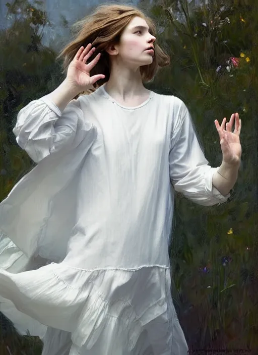 Image similar to portrait of girl dressed in white clothes , fantasy character portrait, dynamic pose, above view, sunny day, thunder clouds in the sky, artwork by Jeremy Lipkin and Giuseppe Dangelico Pino and Michael Garmash and rob rey, levitation, very coherent symmetrical artwork, perfect face, simple form