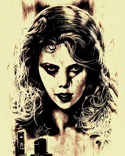 Prompt: scarlett johannson as the final girl, slasher, horror, high details, intricate details, by vincent di fate, artgerm julie bell beeple, 1 9 9 0 s, inking, vintage 9 0 s print, screen print