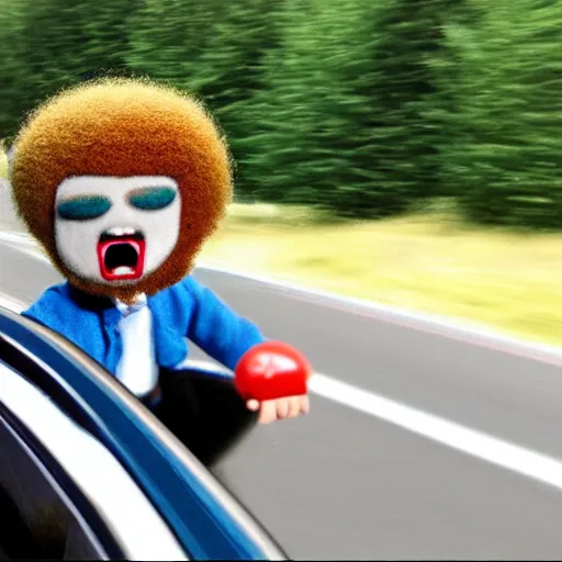 Prompt: a tiny screaming angry bob ross running your in rear view mirror, photograph