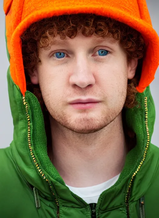 Prompt: portrait photo still of real life kyle broflovski wearing an orange jacket and green hat, 8 k, 8 5 mm, f. 1 4