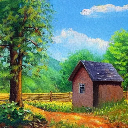 Prompt: little house in the countryside on a sunny day, forest, realistic, detailed, peaceful, brush strokes, oil painting