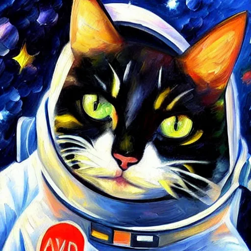 Prompt: portrait painting of a black and white cat as an astronaut by Leonid Afremov