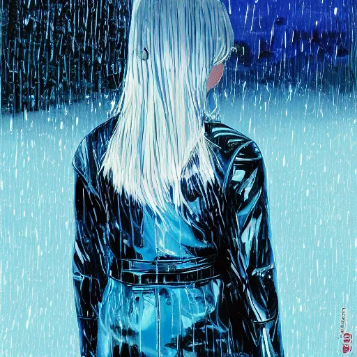 Image similar to low - angle shot from behind of a girl with light blue straight hair in a blue tailcoat overlooking noxia, combat boots, noir, sharp focus, intricate, illustration, wet reflections, rain, highly detailed, art by frank frazzeta, james jean