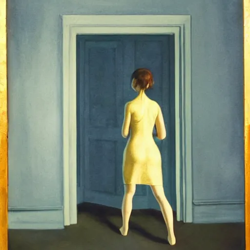 Image similar to close up of a girl in a blue and gold haunted liminal abandoned room, watercolor by edward hopper, by gottfried helnwein, by hammershøi, art noveau, highly detailed, strong lights, liminal, eerie, bright pastel colors,