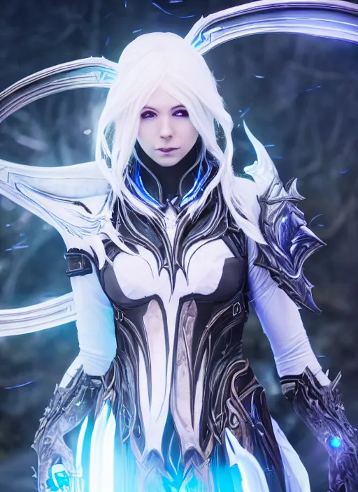 Image similar to photo of a sorceress near mage tower, warframe armor!!, fantasy, white hair, blue decorations, professionally color graded, interesting angle, sharp focus, 8 k high definition, insanely detailed, intricate, intelligent, art by akihiko yoshida and shirotaka