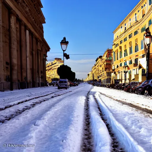 Image similar to The city of Rome under the snow on August. It's snowing everywhere on the entire cityscape of Rome under a blue sky and a very hot sun. It's crazy hot.