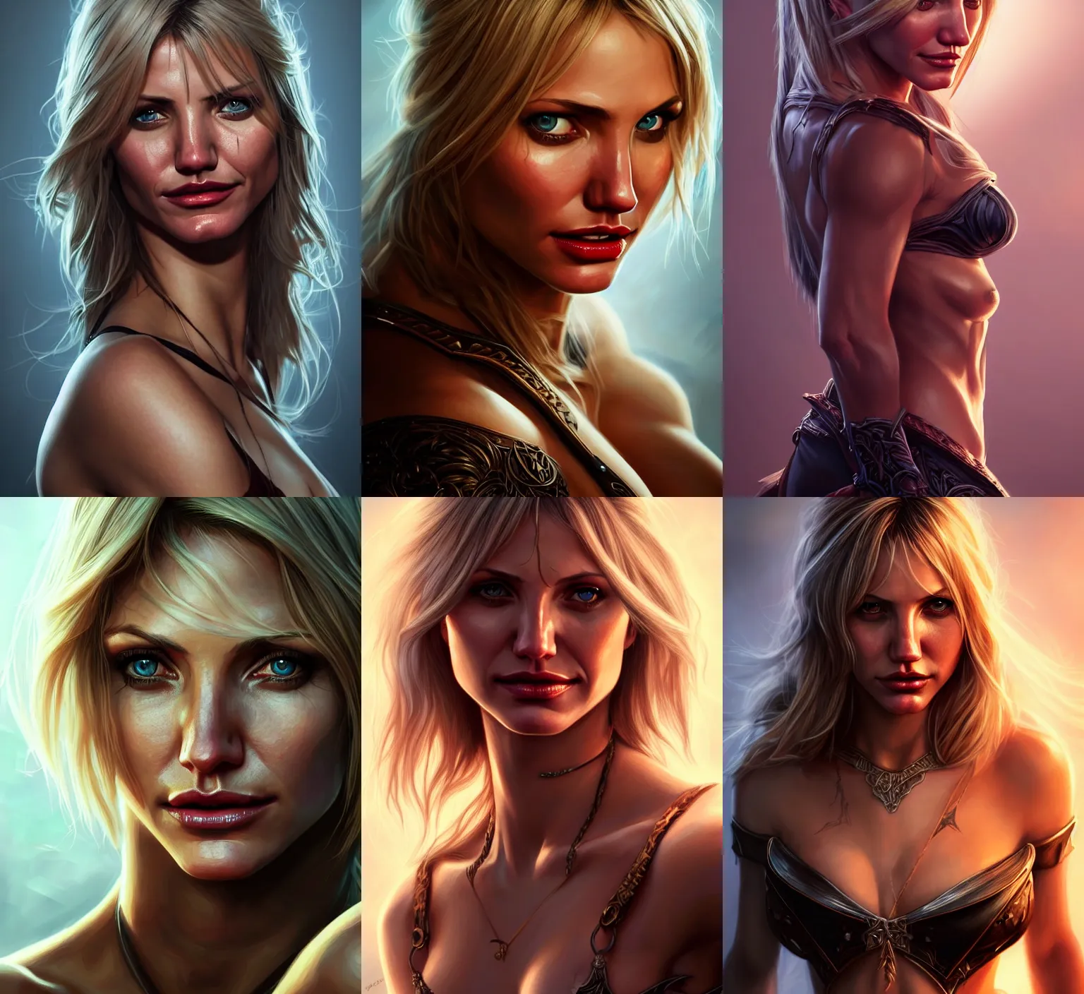 Prompt: portrait of a young beautiful assassine,Cameron Diaz, upper body,ultrarealistic, attractive body, D&D, fantasy, intricate, cinematic lighting, highly detailed, digital painting, artstation, concept art, smooth, sharp focus, illustration, art by Artgerm