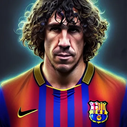 Prompt: Carles Puyol, Fc Barcelona captain, defending his club, D&D, fantasy, intricate, elegant, highly detailed, digital painting, artstation, concept art, matte, sharp focus, illustration, art by Artgerm and Greg Rutkowski and Alphonse Mucha