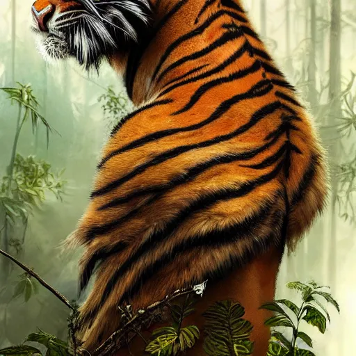 Image similar to a very high detailed tiger face on a strong human body, wearing a very detailed golden kings crow, tattoo on shoulder, standing in a highly detailed jungle, hyperrealistic, greg rutkowski, Nikolai Karelin, Hou China, trending artstation