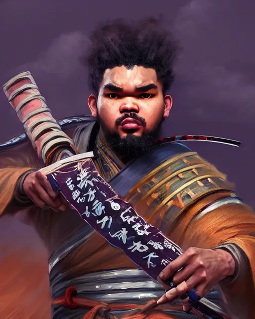 Prompt: portrait of karl - anthony towns as a ronin samurai, wearing a haori, by wlop and peter mohrbacher, dramatic action pose, extremely detailed shading, concept art, digital painting, trending on artstation, atmosphere, glow, cinematic lighting, full of color