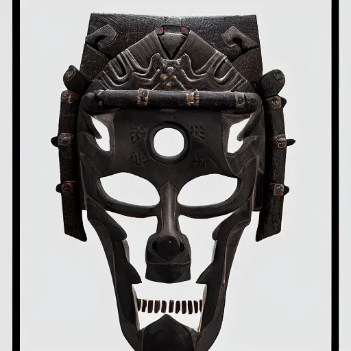 Image similar to symmetrical product photograph of a highly detailed ominous samurai mask made from fragmented bone and obsidian, angry