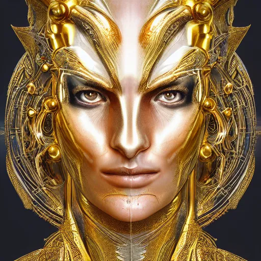 Image similar to a beautiful symmetrical face made of golden ornaments by alex gray and android jones , Karol Bak, Ayami Kojima, Amano , 3D, 8k resolution