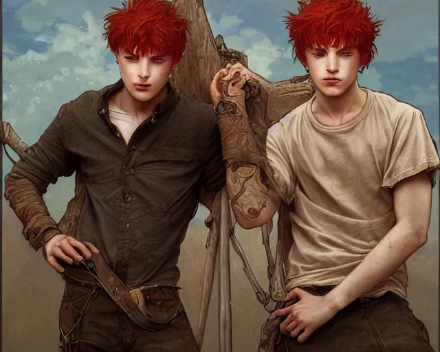 Image similar to portrait of 1 9 - year - old male twins with red hair and freckles, two male, wearing shirts, hyper realistic face, beautiful eyes, fantasy art, in the style of greg rutkowski, intricate, alphonse mucha, hyper detailed, smooth