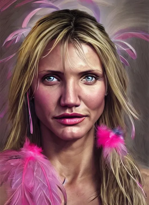 Image similar to serious looking Cameron Diaz as a ruggedly handsome heroine wearing pink feathers and wielding a glowing bow, intricate, elegant, tasteful, highly detailed, centered, digital painting, artstation, concept art, smooth, sharp focus, illustration, art by artgerm and donato giancola and Joseph Christian Leyendecker, WLOP