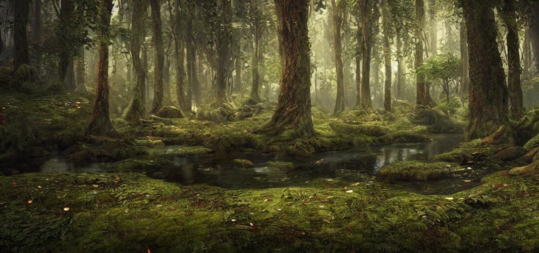 Image similar to A beautiful hyper realistic ultra detailed lifelike matte painting of a dark fantasy forest, unreal engine, deviantart, flickr, artstation, octane render, textured, colorful, extreme realistic detail, physically based rendering, pbr render, very detailed, volumetric lighting, detailed lighting, octane render, 4k, cinematic lighting, 8k resolution