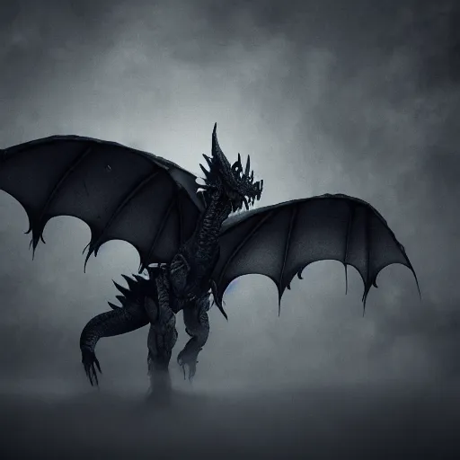 Prompt: a highly detailed horrific shot of a ghostly western dragon that's fading into black fog and deep dark obscure shadow, wings are clouds of darkness, creating an ominous presence, artstation, deviantart, dark lighting, unreal engine 5 render