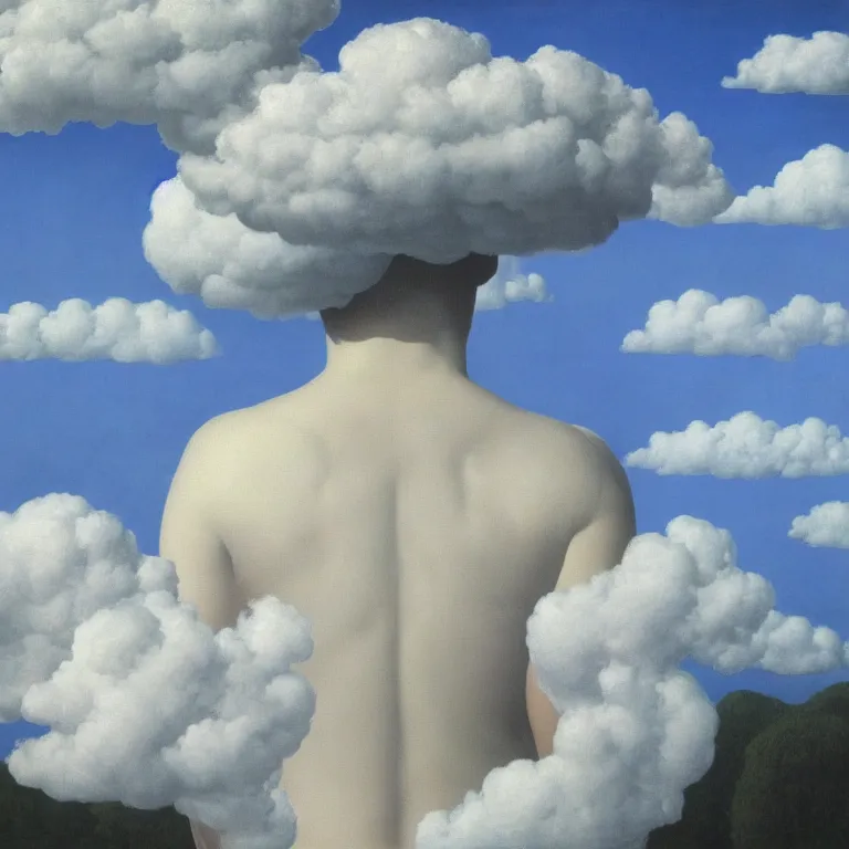 Prompt: cloud - man, by rene magritte, centered, detailed painting, hd, hq, high resolution, high detail, 4 k, 8 k